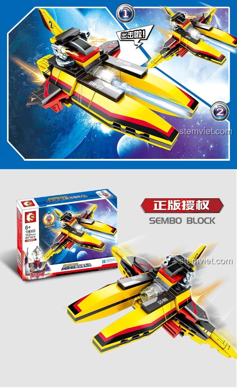 Bộ lắp ghép SEMBO 108322 Chiến đấu cơ Victory Swallow 2, đồ chơi mô hình có đèn LED, tương thích LEGO®.