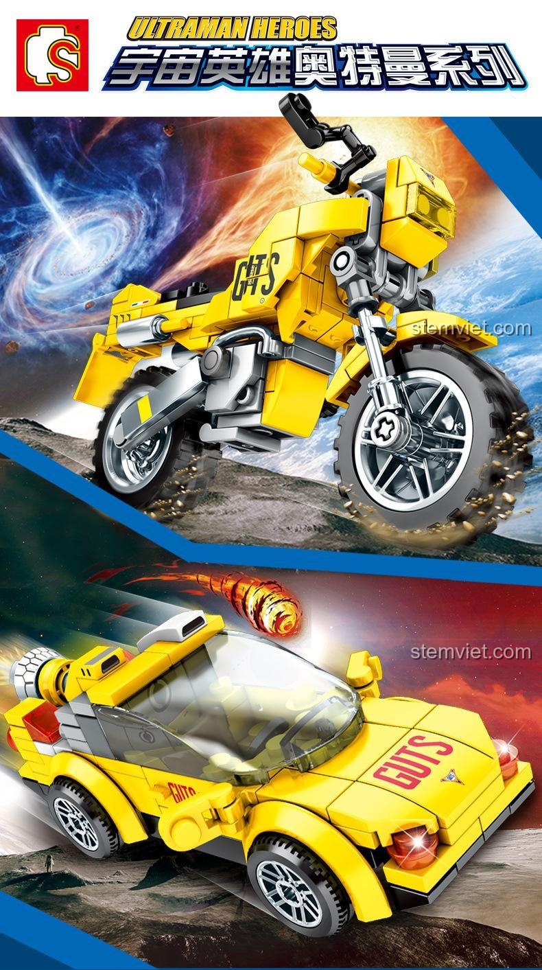 Mô tô Sturga Ultraman SEMBO 108324 và xe Sherlock, đồ chơi mô hình chiến đấu cho bé trai, chất lượng tốt.