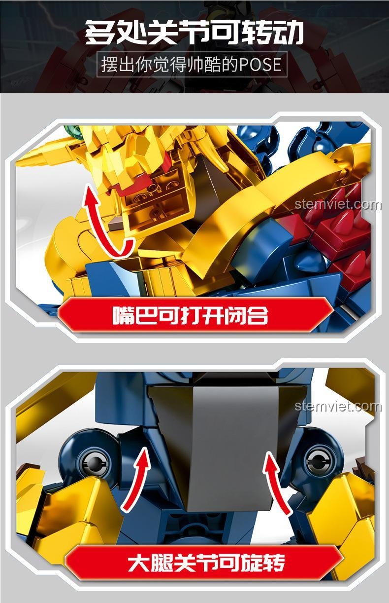 Các khớp cử động của đồ chơi mô hình SEMBO 8651: miệng và đùi có thể xoay, tạo dáng chiến đấu.