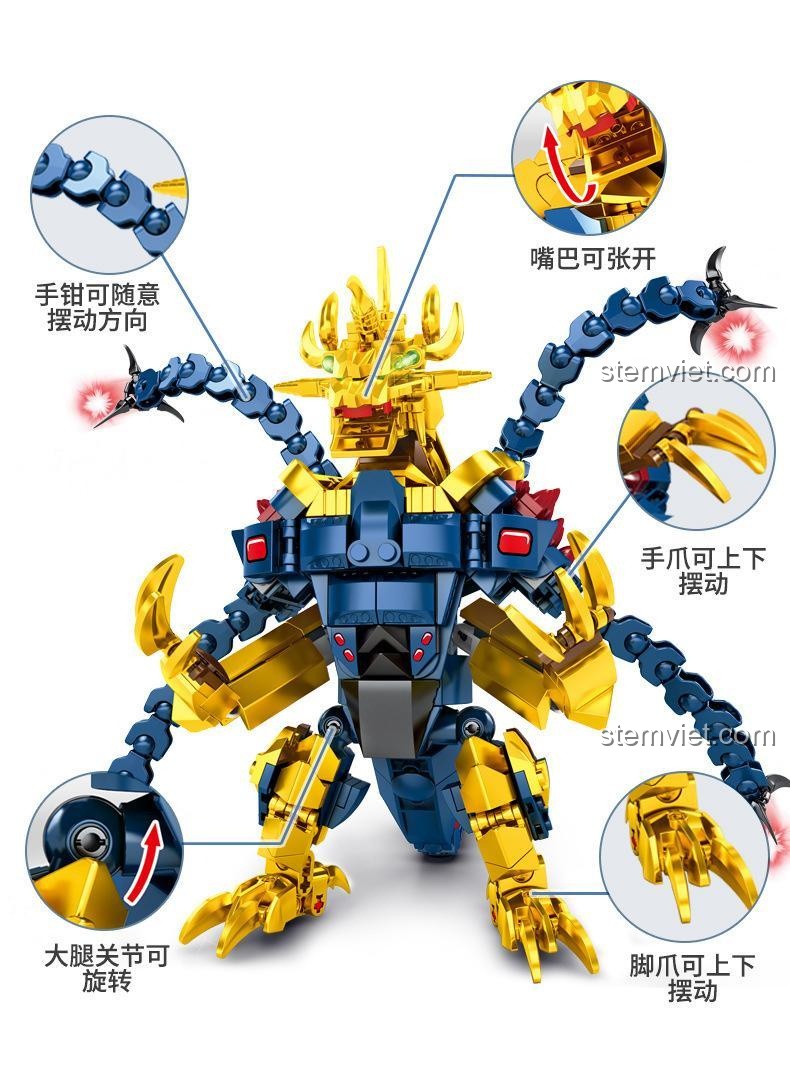 Sơ đồ các bộ phận có thể cử động của đồ chơi mô hình Đối thủ của Ultraman 8651, bao gồm tay, chân, miệng và xúc tu.