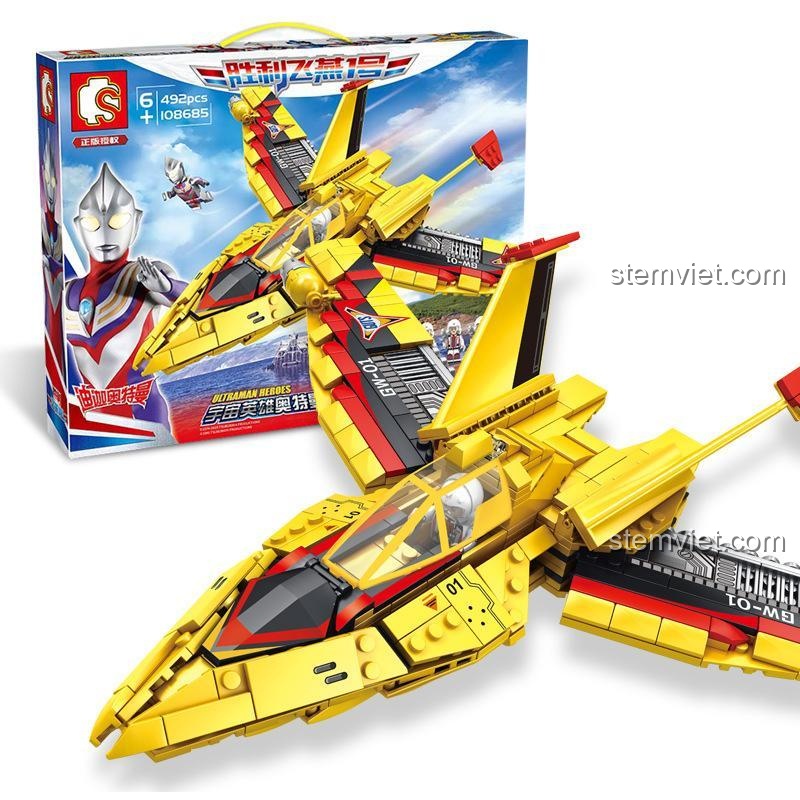 Hộp sản phẩm bộ lắp ghép SEMBO 108685 Chiến Cơ Ultraman Tiga Victory Swallow 1, hiển thị 492 mảnh ghép, lắp được 2 kiểu, đồ chơi cho bé trai 6 tuổi.