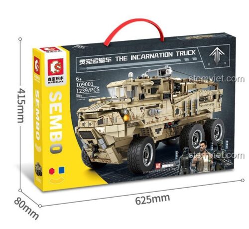 Hộp bộ lắp ráp SEMBO 109001 Xe Tải Vận Chuyển Linh Lung, thể hiện kích thước và số chi tiết 1239 mảnh, phù hợp bé trai 6 tuổi, giá tiết kiệm.