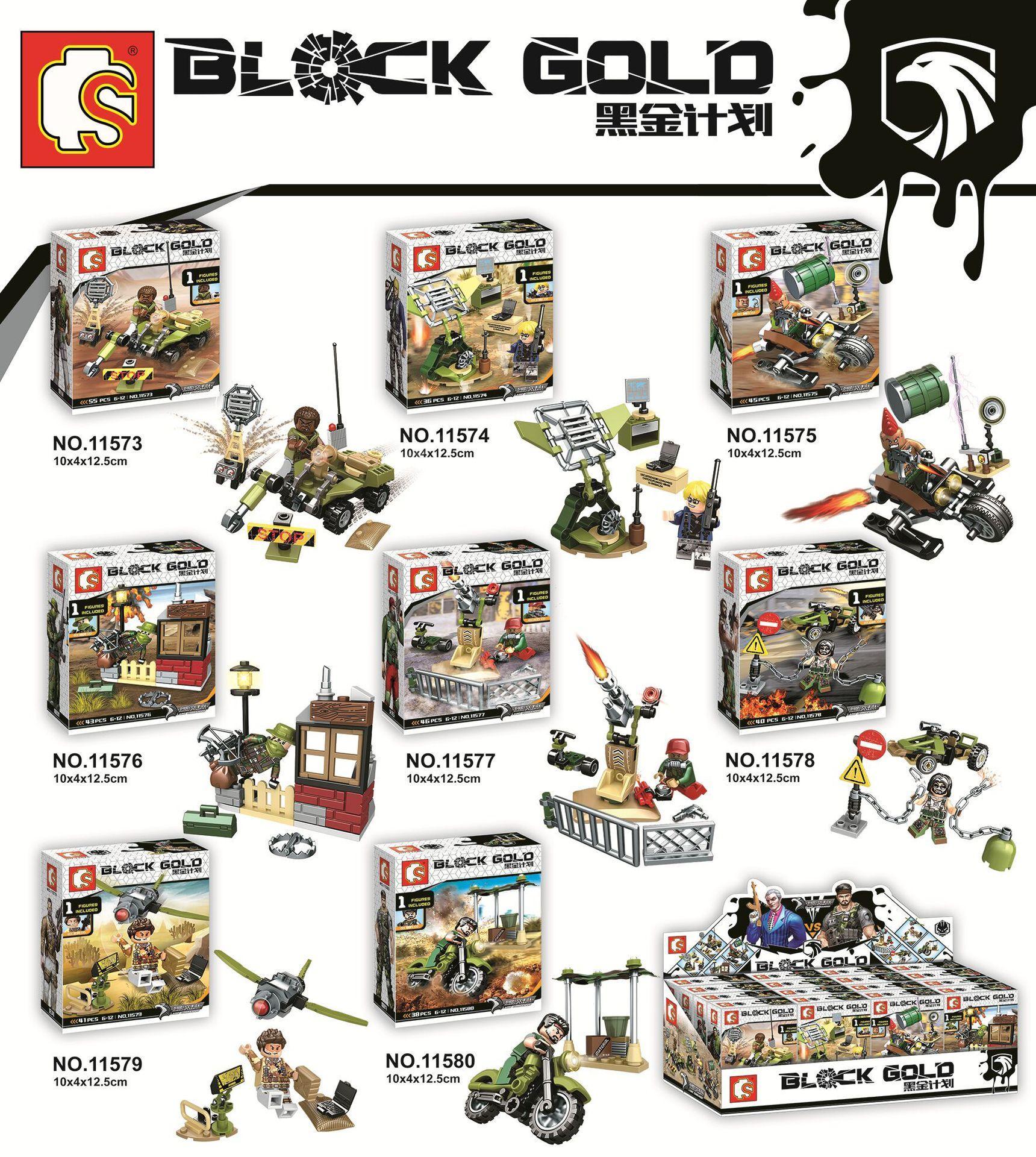 Tổng hợp bộ sưu tập đồ chơi xếp hình SEMBO 11579 Black Gold chủ đề quân sự, bao gồm 8 mô hình nhỏ như drone, xe jeep, pháo, phù hợp cho bé trai từ 6 tuổi, giá rẻ.