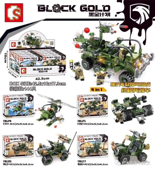 Bộ lắp ráp SEMBO 11624 Xe Quân Sự Hợp Thể 4 Trong 1 Black Gold giá tốt cho bé trai 6-12 tuổi, có ảnh hộp sản phẩm.