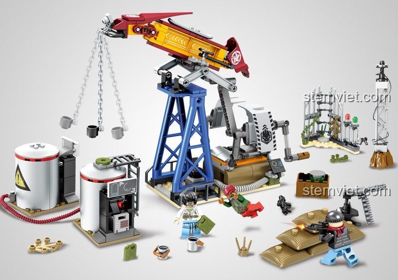 Mô hình khu khai thác dầu mỏ SEMBO 11689 với 3 minifigures và nhiều phụ kiện