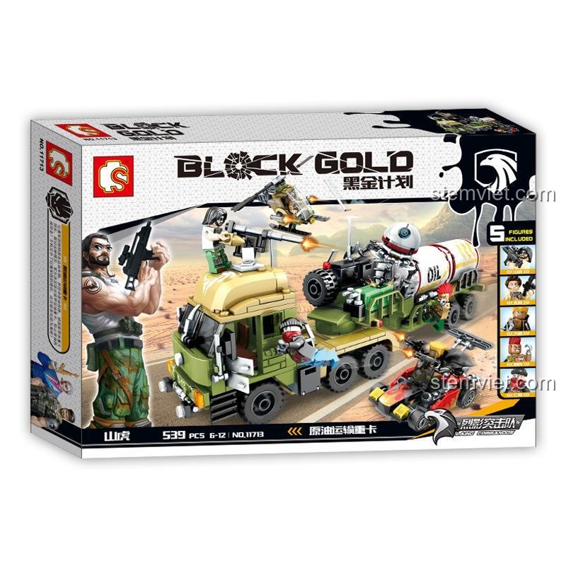 Hộp sản phẩm đồ chơi xây dựng SEMBO 11713 Xe Tải Chiến Đấu Black Gold, 539 mảnh, quà tặng cho bé trai.