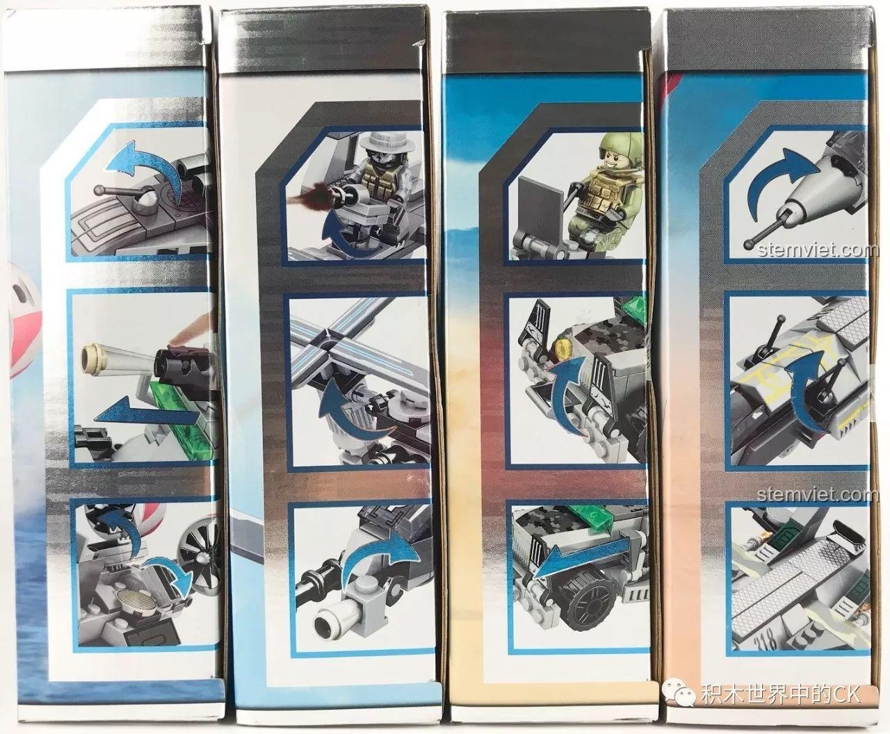 Cạnh hộp đồ chơi mô hình SEMBO 12170-12173, minh họa các tính năng chuyển động của từng mô hình nhỏ