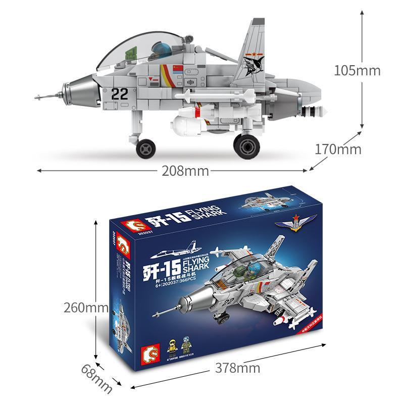 Mô hình lắp ráp SEMBO 202037 Máy bay chiến đấu J-15 Cá Mập Bay, thể hiện kích thước chi tiết của mô hình và hộp, đồ chơi cho bé trai 6 tuổi giá rẻ.