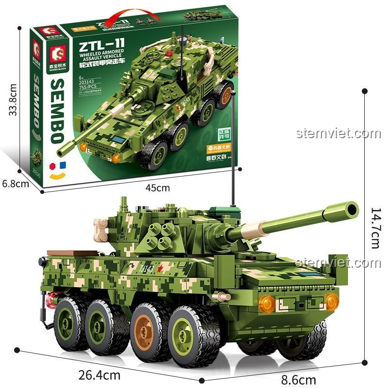 Hộp bộ lắp ghép Xe tấn công bọc thép ZTL-11 SEMBO 203143, thể hiện kích thước mô hình và hộp, phù hợp bé trai 6 tuổi.