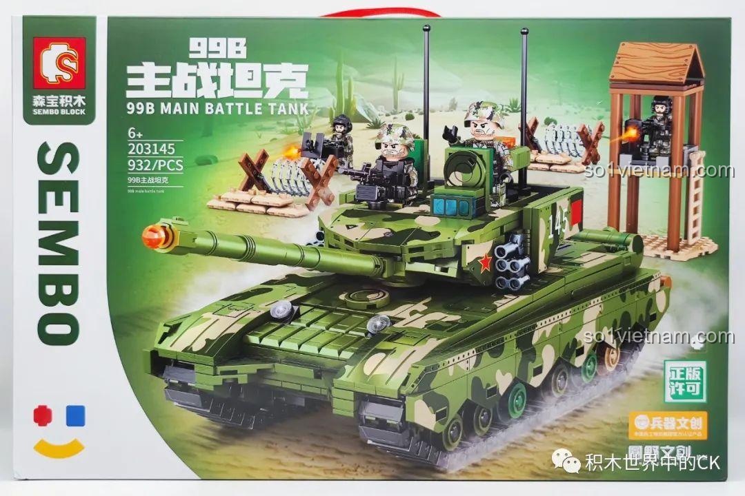 Hộp sản phẩm bộ lắp ráp Xe tăng chiến đấu chủ lực 99B SEMBO 203145 với hình ảnh mô hình chi tiết và thông tin sản phẩm