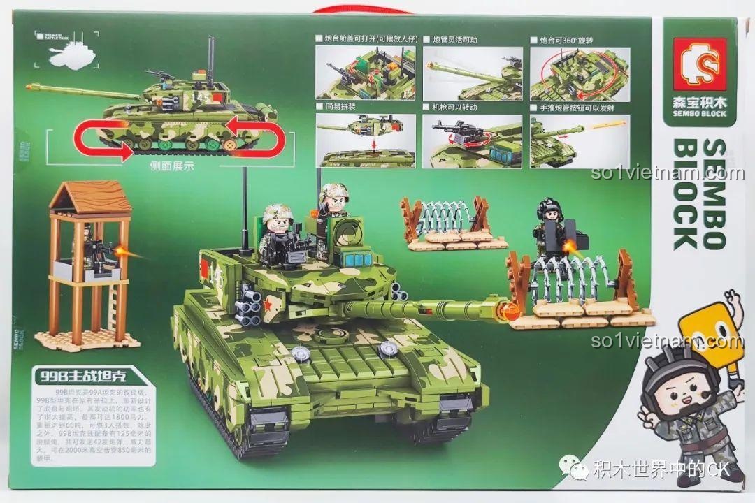 Thông tin chi tiết về bộ lắp ráp Xe tăng 99B SEMBO 203145, bao gồm kích thước và các tính năng nổi bật