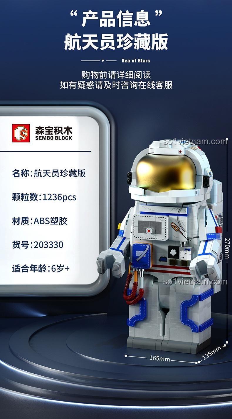Mô hình phi hành gia SEMBO 203330 Sea of Stars được trưng bày trên bệ, đồ chơi lắp ráp STEM cho bé 6 tuổi