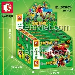 Trọn bộ 4 mô hình khủng long cơ giáp và minifigures trong set đồ chơi lắp ghép SEMBO 205074.