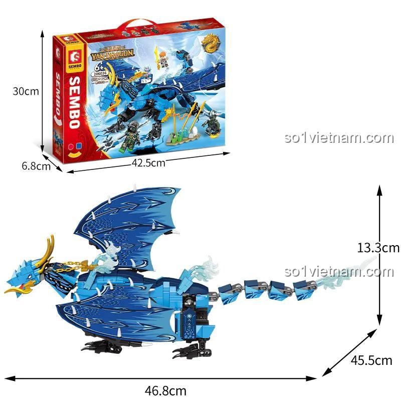 Đồ chơi mô hình SEMBO 206036 Rồng Xanh Bão Tố, thể hiện kích thước hộp và mô hình, phù hợp cho bé trai 6 tuổi, giá tiết kiệm.