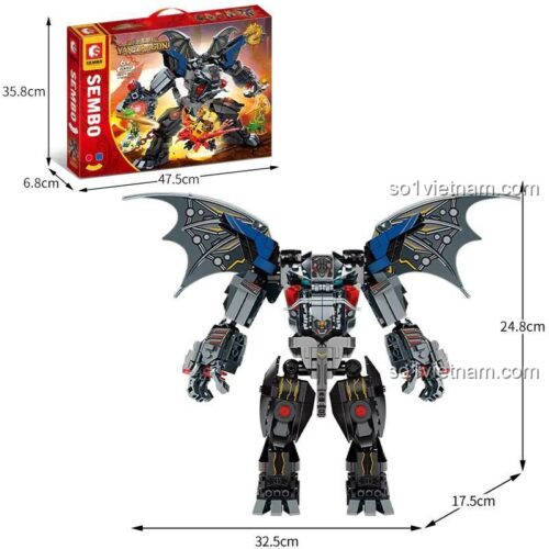 đồ chơi lắp ráp SEMBO 206037 Giáp Chiến Long Đá Đen, thể hiện kích thước mô hình và hộp, phù hợp bé trai 6 tuổi