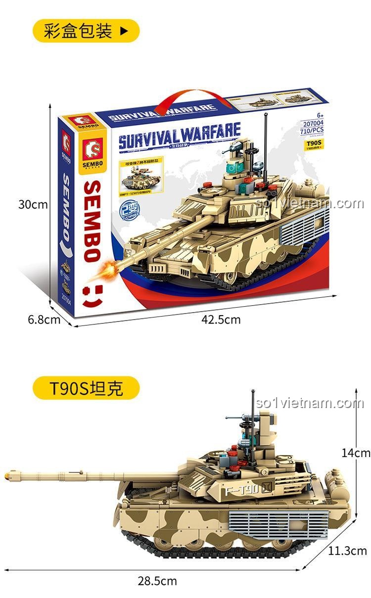 Kích thước mô hình xe tăng T90S Survival Warfare SEMBO 207004: 28.5x11.3x14cm
