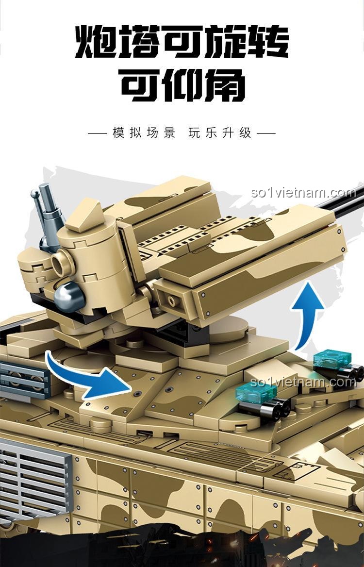 Tháp pháo xe tăng T90S Survival Warfare SEMBO 207004 có thể xoay và thay đổi góc độ