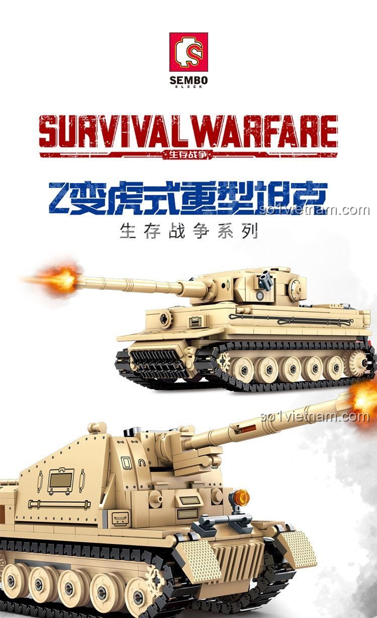 SEMBO 207006 Xe tăng Tiger I Chiến tranh Sinh tồn - Mô hình xe tăng Tiger I màu vàng, có thể biến đổi 2 hình dạng, phù hợp bé trai 6 tuổi