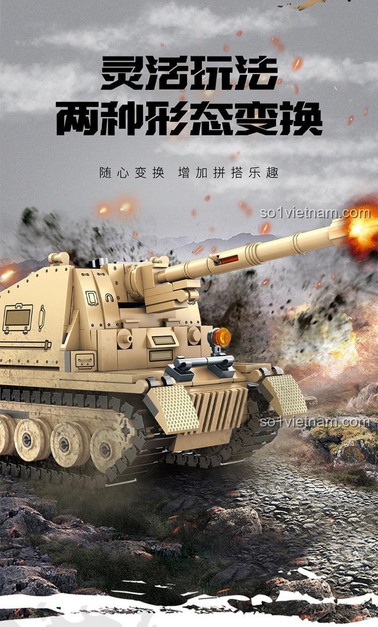SEMBO 207006 Xe tăng Tiger I Chiến tranh Sinh tồn - Mô hình xe tăng Tiger I màu vàng, có thể bắn đạn nhựa, phù hợp bé trai 6 tuổi