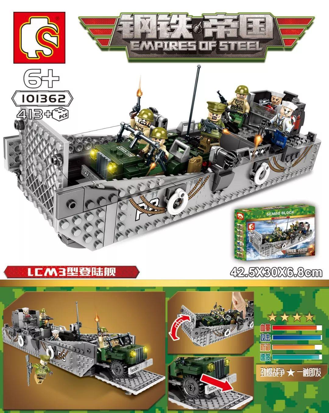 Ảnh poster bộ lắp ráp Tàu Đổ Bộ LCM-3 SEMBO 207053 với xe jeep và các minifigure lính Mỹ, phù hợp cho bé trai 6 tuổi.