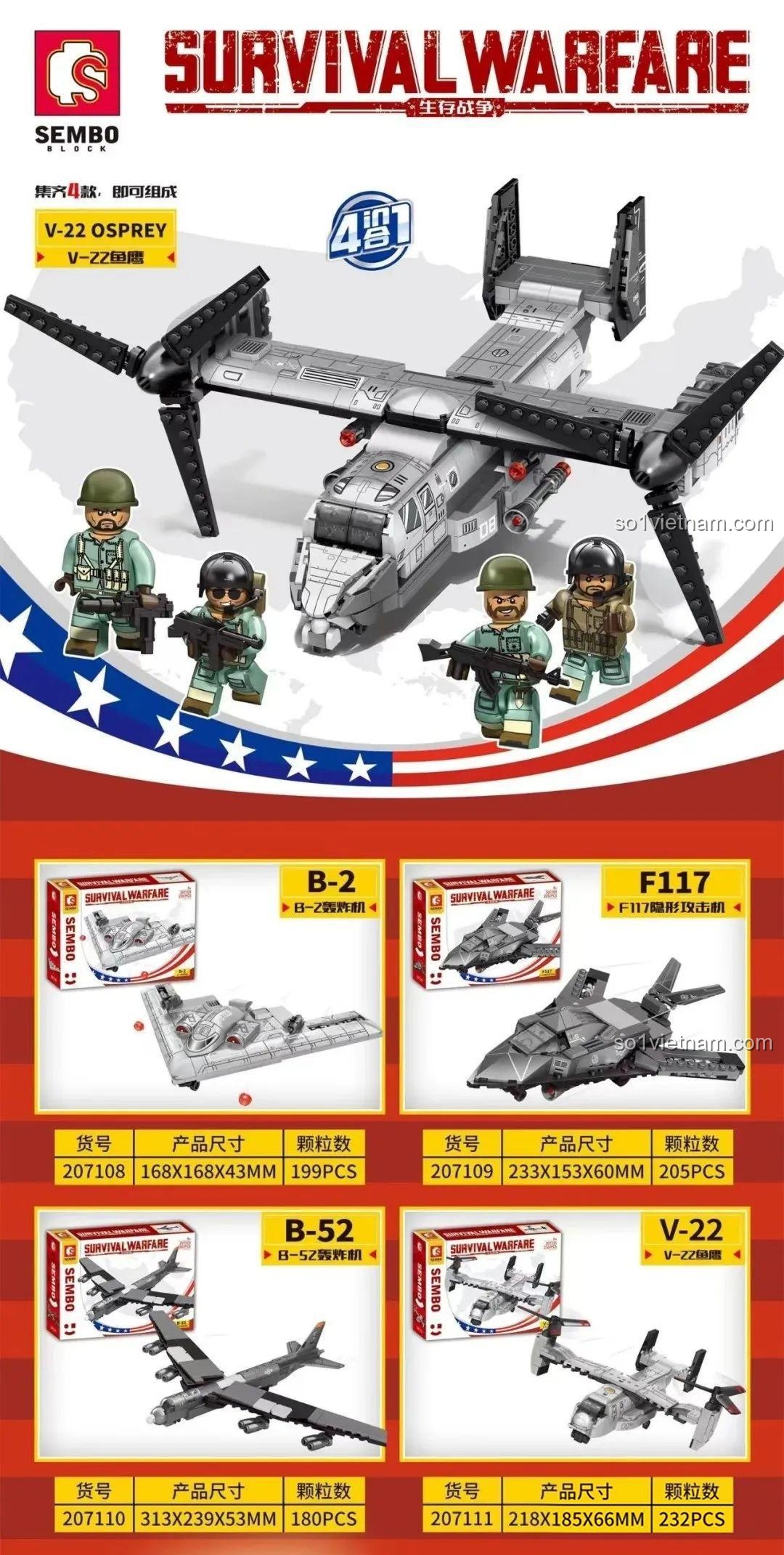 Hộp đồ chơi lắp ráp Máy bay vận tải quân sự V-22 Osprey, Máy bay vận tải quân sự V-22 Osprey SEMBO, với 4 minifigures lính, đồ chơi cho con trai 6 tuổi, chất lượng cao