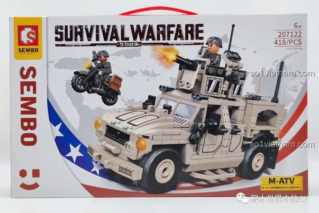 Hộp sản phẩm đồ chơi lắp ráp Xe Chống Mìn Chống Phục Kích M-ATV SEMBO 207122 với hình ảnh xe và minifigures.