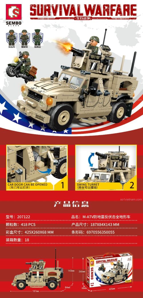 Hộp đồ chơi lắp ráp SEMBO 207122 Xe Chống Phục Kích M-ATV, có cửa xe mở và tháp pháo xoay, kích thước mô hình