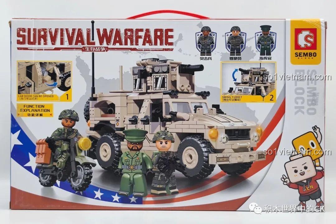 Mặt sau hộp đồ chơi lắp ráp Xe Chống Phục Kích M-ATV SEMBO 207122 hiển thị các tính năng nổi bật của mô hình.