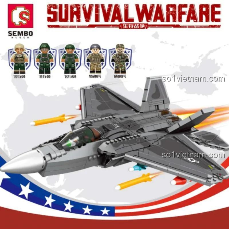 Đồ chơi mô hình Chiến đấu cơ F-22 SEMBO 207124 với 5 minifigures lính, bộ xếp hình Máy bay tàng hình F-22 cho học sinh tiểu học.