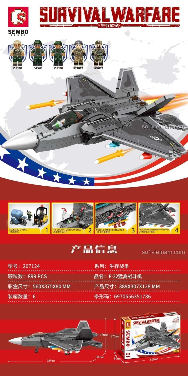Thông số kỹ thuật chi tiết của bộ lắp ghép SEMBO 207124 Máy bay chiến đấu F-22 Raptor, bao gồm kích thước mô hình và hộp.