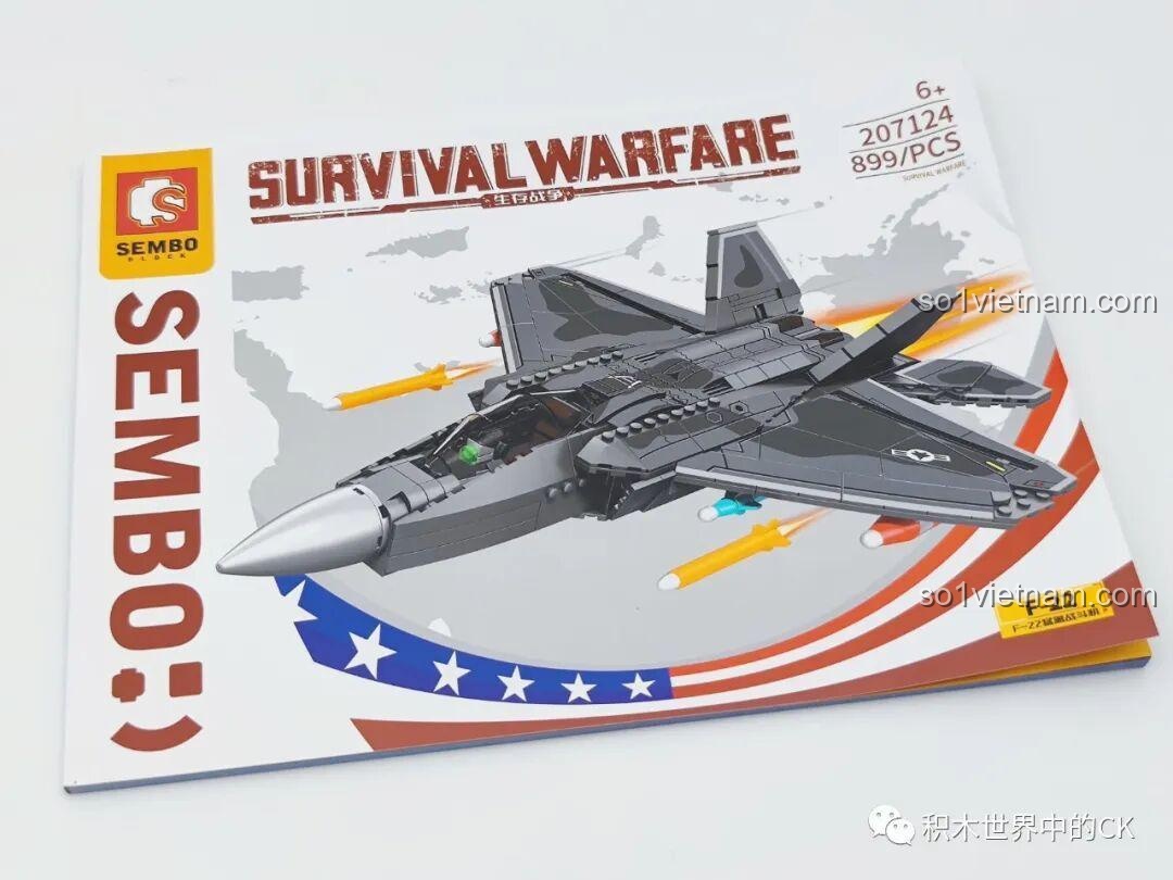 Mặt sau hộp bộ lắp ghép SEMBO 207124 Máy bay chiến đấu F-22 Raptor, hiển thị các tính năng đặc biệt như buồng lái mở.