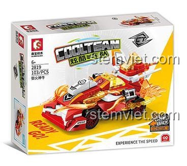 Hộp sản phẩm bộ lắp ráp Xe Đua Thần Bò Lửa Sembo 2819 103 chi tiết, có chức năng kéo lùi, quà tặng cho con trai.