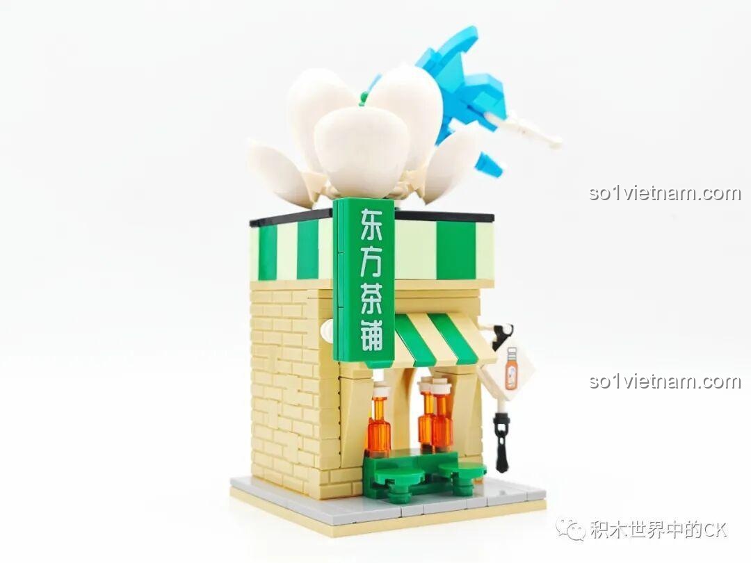 Chi tiết các mảnh ghép màu vàng và đỏ trên khung chính của tiệm trà SEMBO 301094 Oriental Leaf