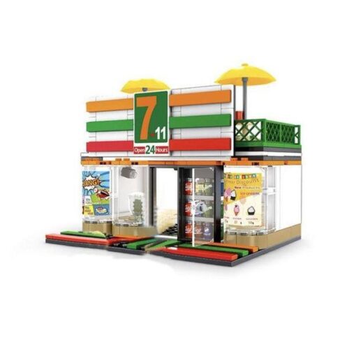 Mô hình đồ chơi xếp hình SEMBO 601017 cửa hàng tiện lợi 7-Eleven nhìn từ phía trước, phù hợp cho bé gái 6 tuổi, giá rẻ.