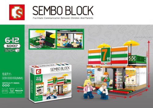 Hình ảnh hộp và kích thước chi tiết của bộ lắp ghép Mô hình cửa hàng 7-Eleven SEMBO 601017, bao gồm 320 chi tiết.