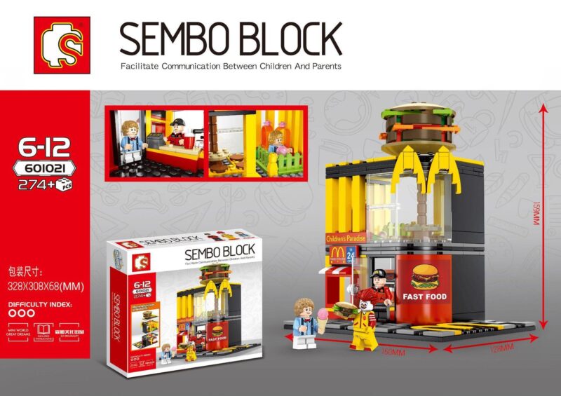 Hộp bộ lắp ghép SEMBO 601021 Cửa hàng McDonald's mini 274 mảnh, đồ chơi xếp hình cho bé 6-12 tuổi giá rẻ.