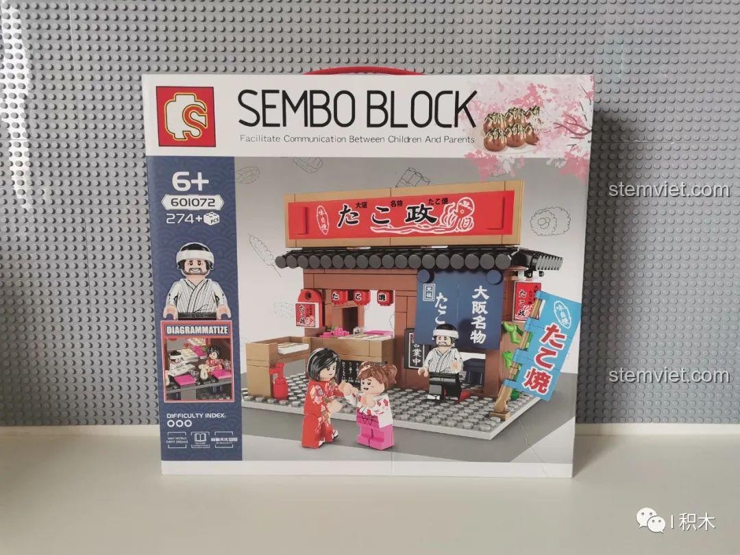 Hộp sản phẩm bộ lắp ráp Cửa hàng Takoyaki Osaka SEMBO 601072, hiển thị mô hình hoàn chỉnh và các minifigure đáng yêu.