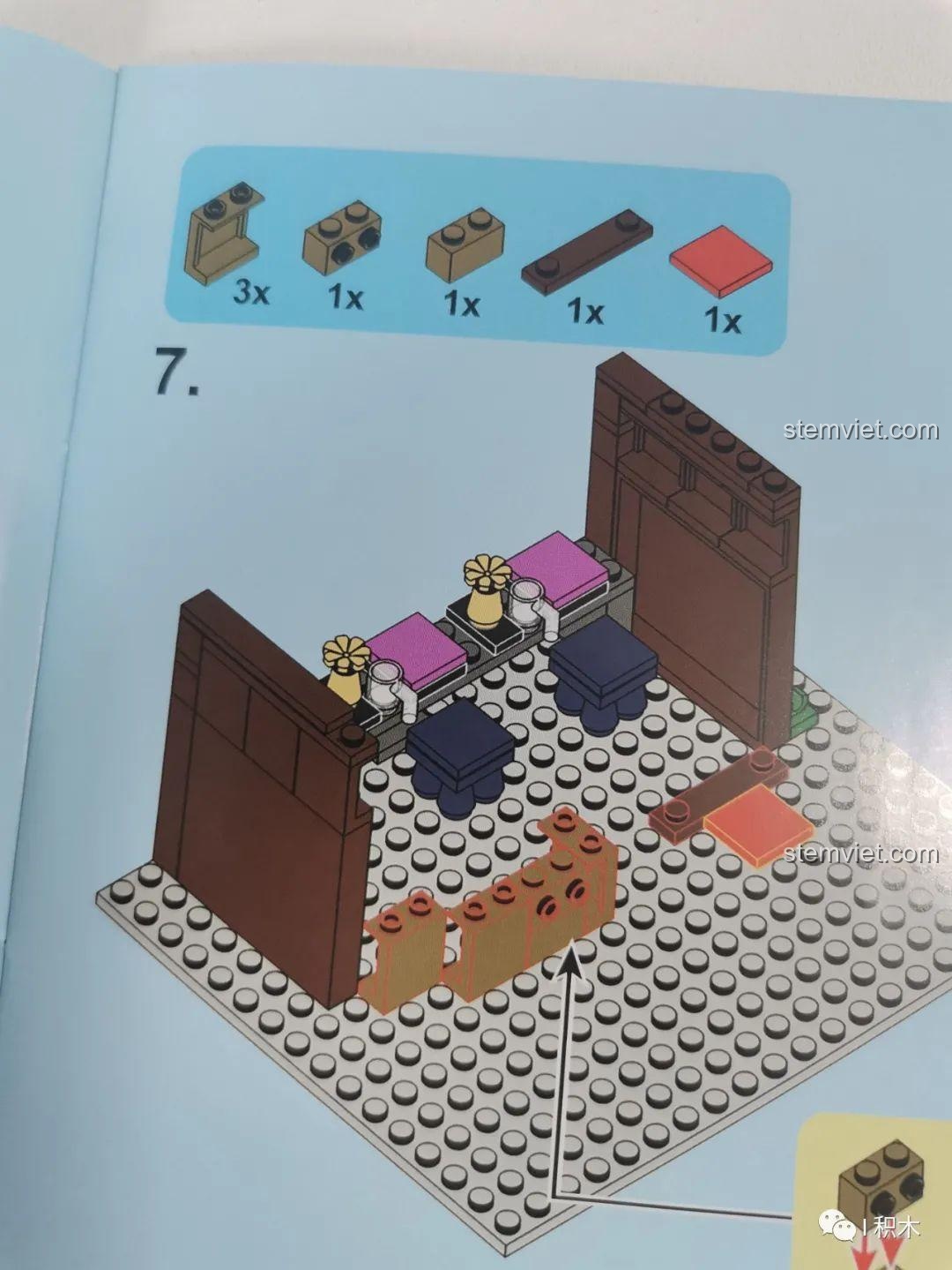 Một trang sách hướng dẫn lắp ráp của bộ SEMBO 601072 Cửa hàng Takoyaki Osaka, minh họa các bước rõ ràng.