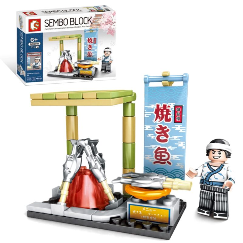 bộ lắp ghép Quầy Cá Nướng Kiểu Nhật SEMBO 601078 giá rẻ cho bé gái 6 tuổi, mô hình gian hàng yakizakana chi tiết.