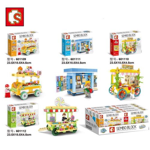 Bộ lắp ráp 4 xe đẩy bán hàng rong mini Sembo 601109, đồ chơi xếp hình phố ẩm thực cho bé gái 6 tuổi giá rẻ.
