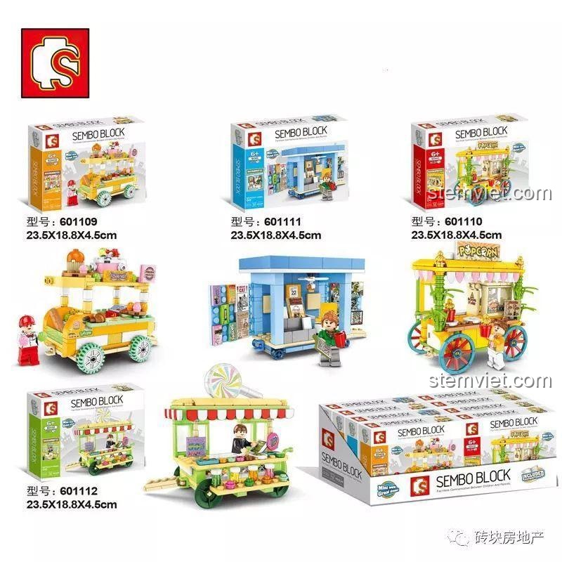 Hình ảnh tổng quan bộ lắp ráp Sembo 601109 Bộ 4 Xe Đẩy Bán Hàng Rong Mini Chủ Đề Phố Ẩm Thực, giới thiệu các mẫu xe và hộp sản phẩm.