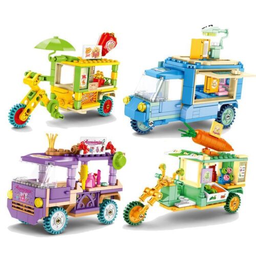 Bộ đồ chơi lắp ráp SEMBO 601211 xe đẩy bán hàng mini 4 mẫu màu sắc tươi sáng, chi tiết sống động, phù hợp cho bé trai và bé gái 6 tuổi, giá tốt.