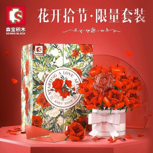 Hộp quà tặng sang trọng của bộ lắp ghép Bó hoa hồng tình yêu SEMBO 601268, món quà ý nghĩa cho bạn gái trên 6 tuổi.