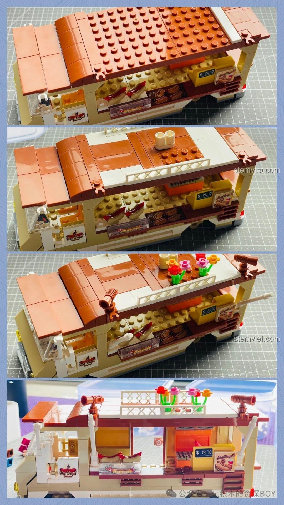 Cận cảnh các chi tiết hot dog, máy tính tiền và menu trên mô hình xe bán hàng lưu động 301, mang lại trải nghiệm chân thực.