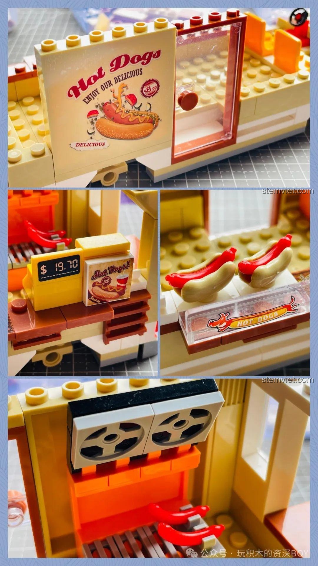 Chi tiết nội thất bên trong đồ chơi mô hình Xe tải thực phẩm 1301, với quầy bán hàng và các vật dụng nhỏ.