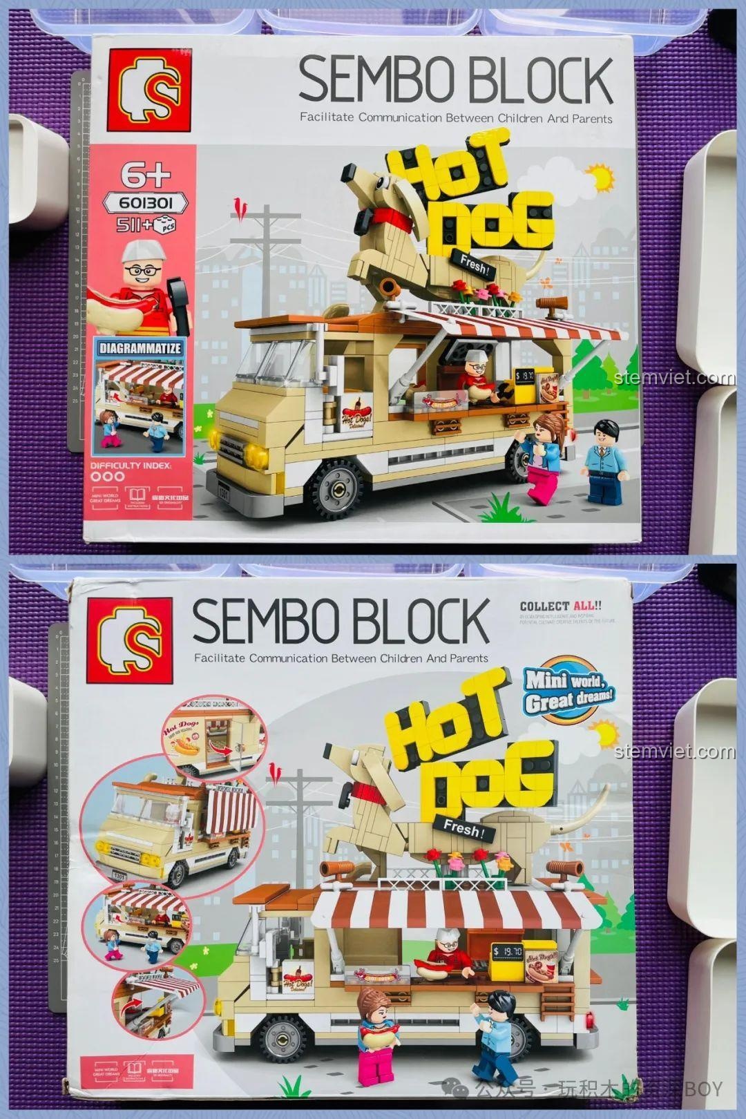 Hộp sản phẩm bộ lắp ghép Xe bán hot dog SEMBO 601301 với 511 mảnh ghép, phù hợp cho bé trai và bé gái 6 tuổi trở lên, mang đến trải nghiệm đồ chơi lắp ráp giá tốt.