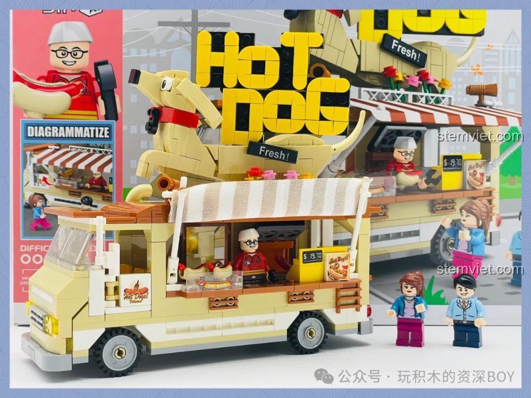 Mô hình xe bán hot dog SEMBO 601301 hoàn chỉnh với 3 minifigures, sẵn sàng cho những câu chuyện sáng tạo của bé trai và bé gái 6 tuổi.