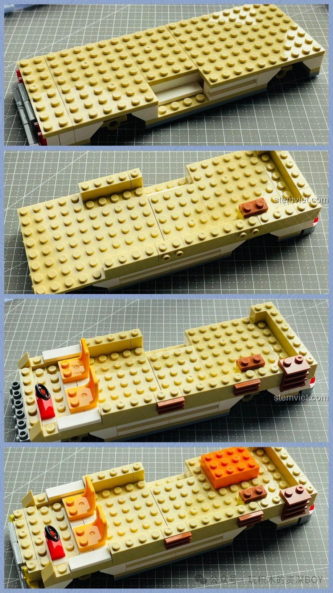 Quá trình lắp ráp phần đế của đồ chơi lắp ráp Xe đồ ăn nhanh SEMBO 1301, thể hiện sự chi tiết của từng khối.