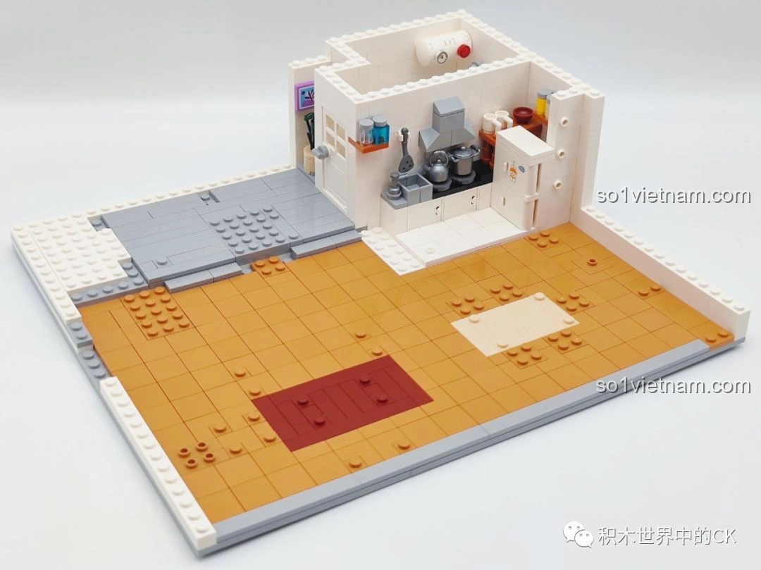 Giai đoạn lắp ráp khu vực bếp và phòng tắm của đồ chơi lắp ghép Căn hộ Gia Hữu Nhi Nữ SEMBO 601310.