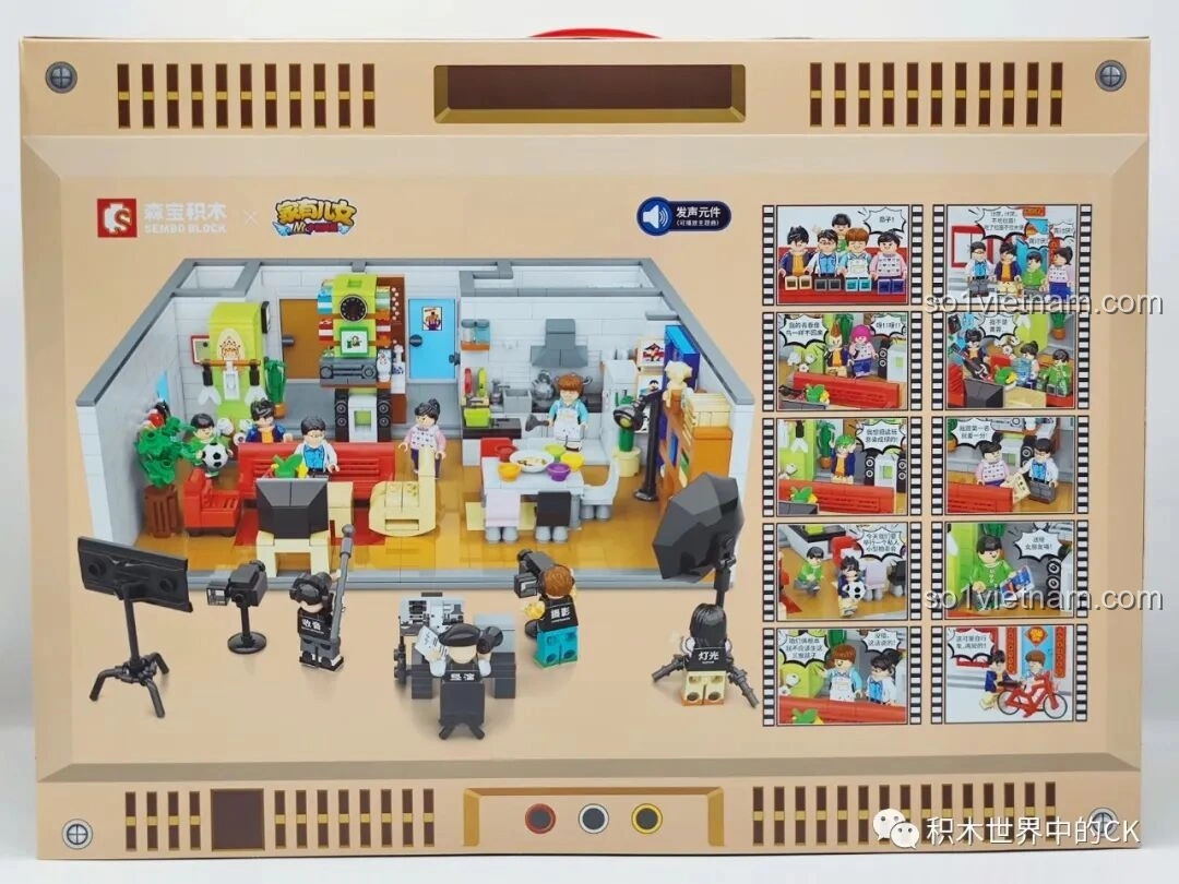 Mặt sau hộp đồ chơi xây dựng Căn hộ Gia Hữu Nhi Nữ SEMBO 601310, hiển thị mô hình hoàn chỉnh và các cảnh quay.
